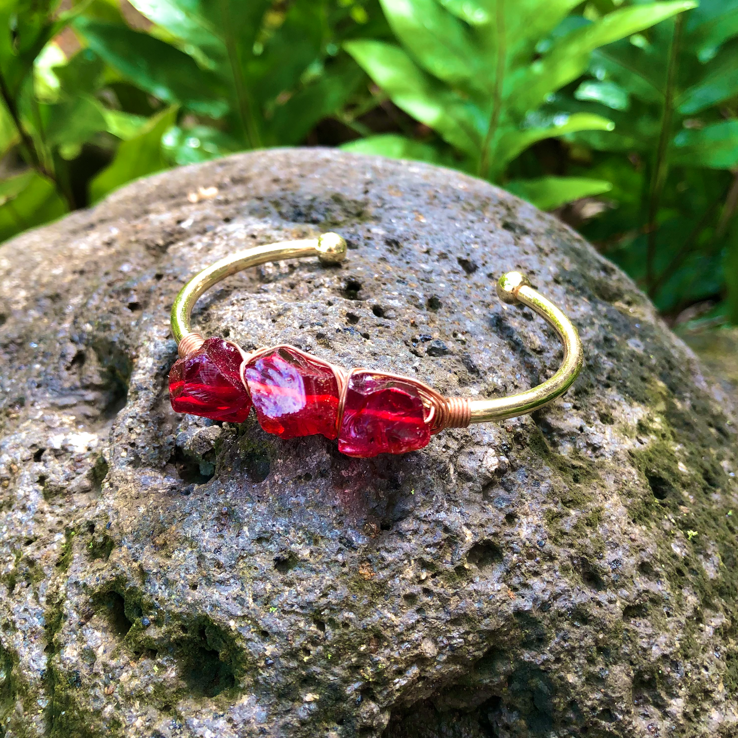 Garnet Raw Gemstone Gold Bangle Cuff Bracelet