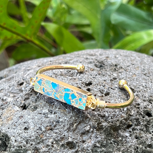 Blue Turquoise Bar Gold Bangle Cuff Bracelet